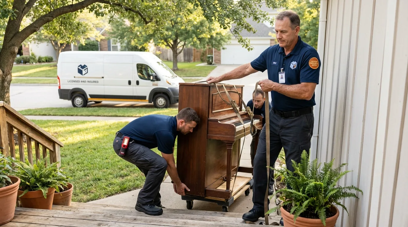 Licensed piano movers securing grand piano in Flora, MS