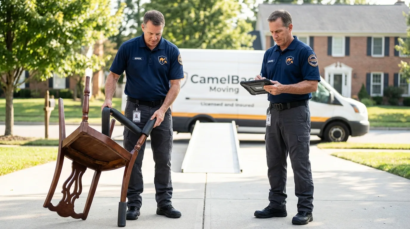 Movers inspecting furniture for damage prevention before loading in Flora, MS